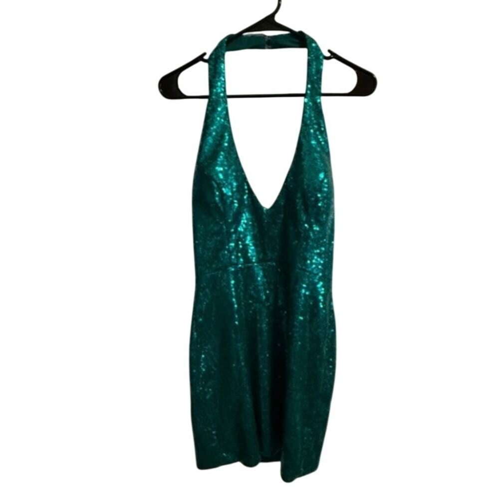 Teal Blue Green Sequin Sparkly Halter Open Back Deep V Mini Cocktail Dress